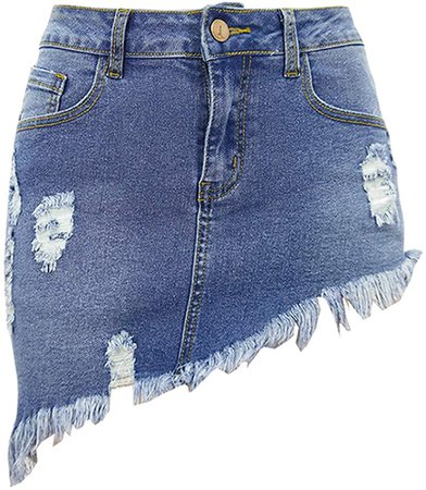 chouyatou Women's Stretch Fit 5-Pocket Irregular Frayed Hem Mini Denim Jean Skirt (X-Small, Light Blue) at Amazon Women’s Clothing store