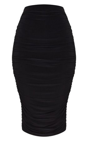 Black Slinky Second Skin Ruched Midi Skirt | PrettyLittleThing