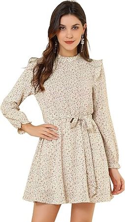Allegra K Women's Ruffled Trim Stand Collar Belted Vintage Daisy Floral Dress at Amazon Women’s Clothing store