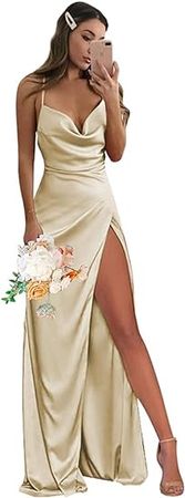 Amazon.com: Women's Cowl Neck Satin Bridesmaid Dresses with Slit 2023 Spaghetti Straps Ruched Long Formal Dress XOD060 : Clothing, Shoes & Jewelry