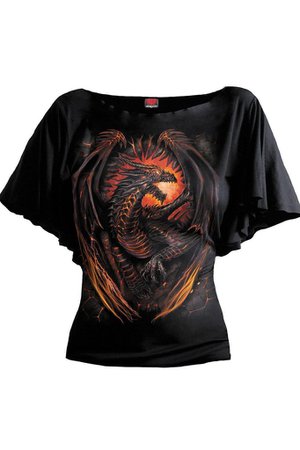 Dragon Furnace - Boat Neck Bat Sleeve Top Black - Dark Fashion Clothing