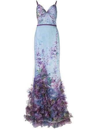 Marchesa Notte, floral appliqué fishtail gown