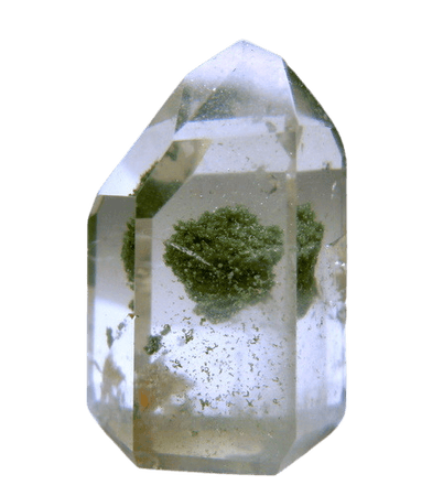A colorless polished quartz crystal with Chlorite inclusion