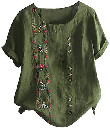Meikosks Women's Floral Embroidered Top Short Sleeves Plus Size T Shirt Cotton Linen Blouse Purple at Amazon Women’s Clothing store