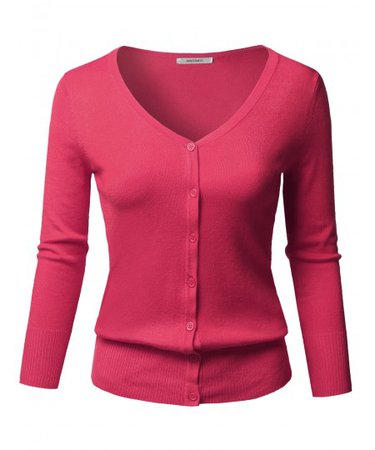 Women's Solid Button Down V-Neck 3/4 Sleeves Knit Cardigan | 12 Red Pink