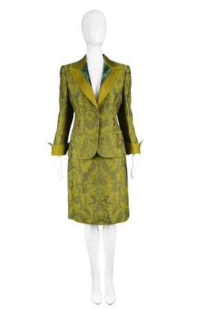 Gianfranco Ferre Vintage Green Brocade Velvet Grosgrain Skirt Suit, 1990s For Sale at 1stdibs