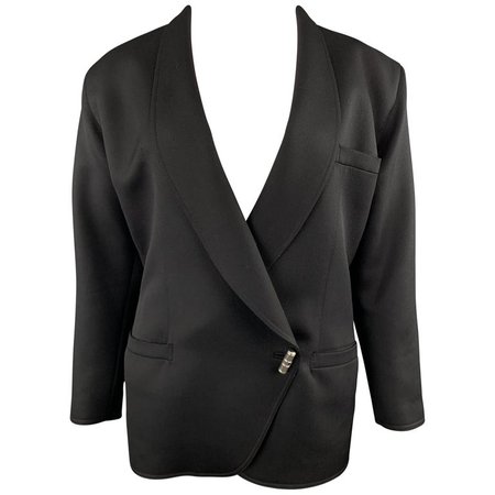 GIANNI VERSACE Vintage 80s Size 8 Black Wool Shawl Collar Double Breasted Blazer For Sale at 1stdibs