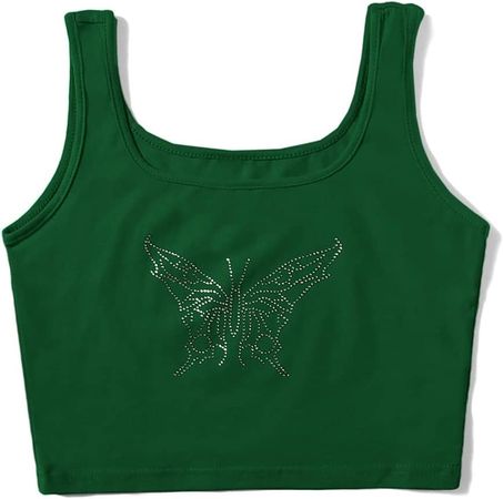 Verdusa Women's Square Neck Sleeveless Rhinestone Butterfly Tank Crop Top at Amazon Women’s Clothing store