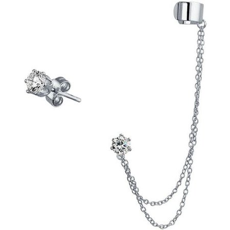 Silver Diamond Earring Stud w/ Cuff