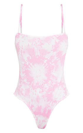 Pink Tie Dye Rib Square Neck Strappy Bodysuit | PrettyLittleThing