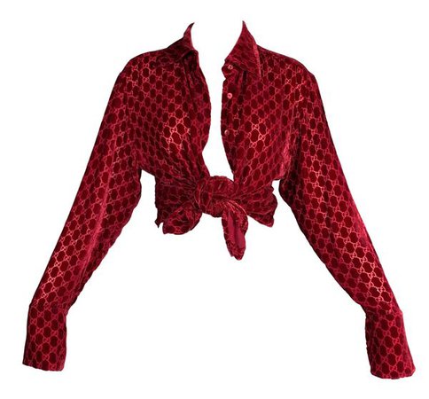1997 Gucci by Tom Ford Sheer Red Velvet Logo Monogram Blouse Top | My Haute Wardrobe