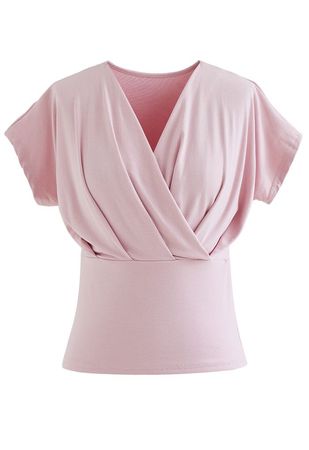 Ultra-Soft Short-Sleeve Cotton Wrap Top in Pink - Retro, Indie and Unique Fashion