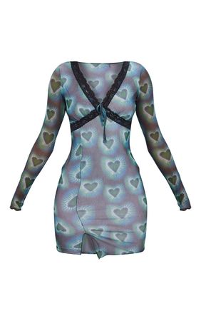 Green Heart Blur Print Mesh Lace Detail Split Hem Shift Dress | PrettyLittleThing USA