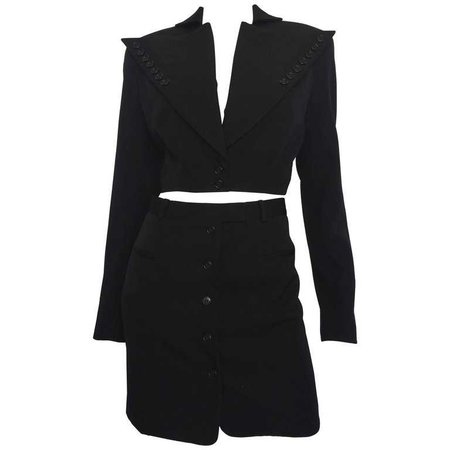 1980s OMO by Norma Kamali Black Wool Mini Skirt Suit with Button Detail For Sale at 1stdibs