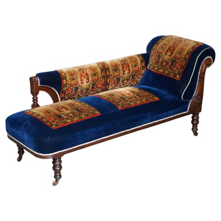Antique Victorian Turkey Work Carpet Kilim Rug Napoleonic Blue Chaise Lounge For Sale at 1stDibs