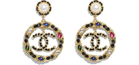 Earrings, metal, glass pearls, lambskin, calfskin, strass & resin, gold, pearly white, black, crystal & multicolor - CHANEL
