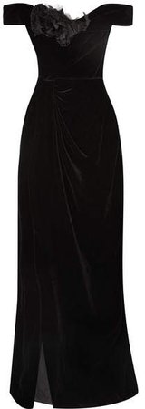 Off-the-shoulder Appliquéd Velvet Gown - Black