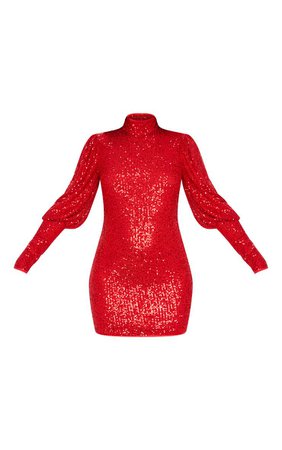 Red Sequin Puff Sleeve Bodycon Dress | PrettyLittleThing USA