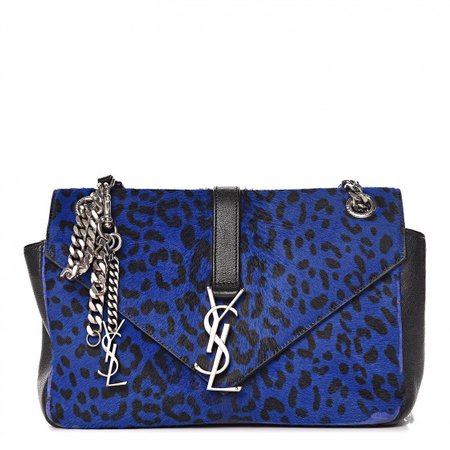 SAINT LAURENT Pony Hair Calfskin Monogram Leopard Print Medium Punk Chain Bag Blue 482554