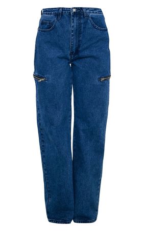 Mid Blue Wash Thigh Zip Detail Straight Leg Jeans | PrettyLittleThing USA