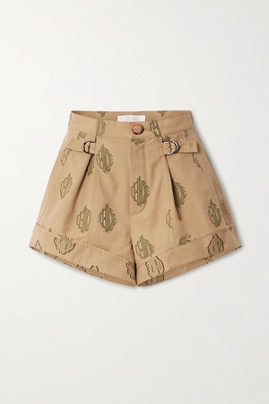Beige Embroidered pleated cotton shorts | Chloé | NET-A-PORTER