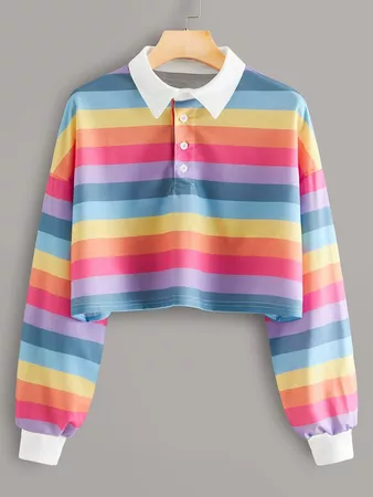 Rainbow Striped Half Button Crop Sweatshirt | ROMWE
