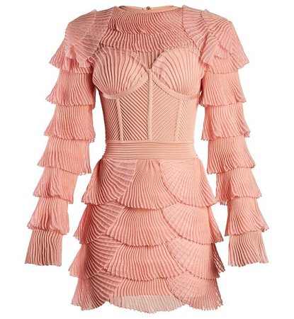 Balmain Layered ribbed mini dress in pink - Cascades of light-pink ribbed sheer fabric