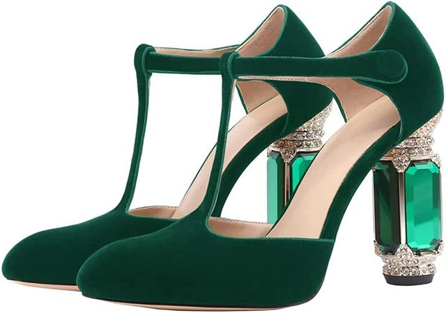 Amazon.com | Women Chunky High Heels Block Heeled Crystal Pumps Unique Jewel Gemstone Heel Round Closed Toe with Rhinestone Suede T-Strap Sandals Party Bridal Wedding Shoes Emerald Green Size 11 | Heeled Sandals