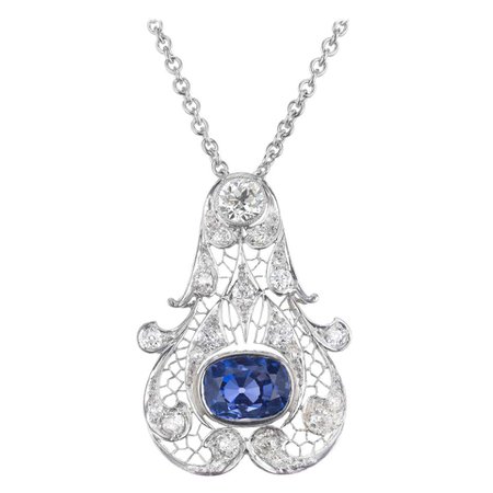GIA Certified 5.07 Blue Sapphire Diamond Platinum Art Deco Pendant Necklace For Sale at 1stDibs