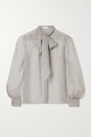 Light gray Pussy-bow silk-georgette blouse | SAINT LAURENT | NET-A-PORTER