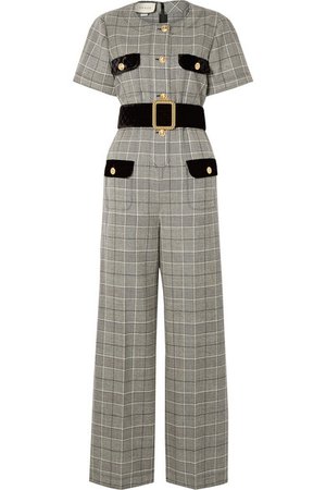 Gucci | Belted velvet-trimmed Prince of Wales checked wool jumpsuit | NET-A-PORTER.COM