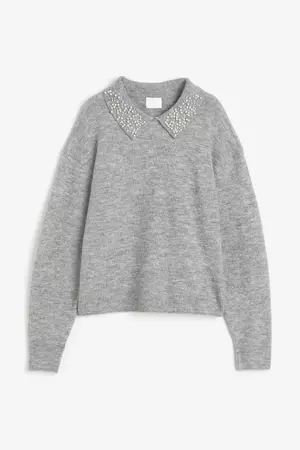 Beaded-collar Sweater - Gray melange - Ladies | H&M US