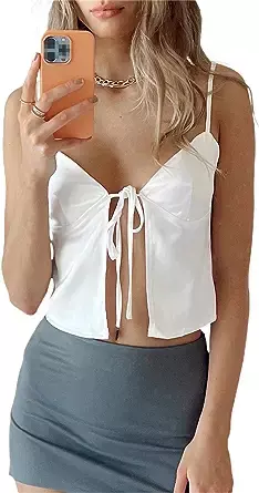 Women Lace Trim Flyaway Cami Sheer Halter Neck Y2k Tank Top Trendy Ruffle Open Back Crop Tops Summer 2023 at Amazon Women’s Clothing store
