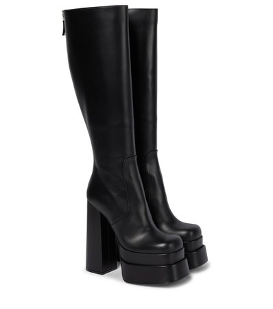 Versace - Leather platform knee-high boots | Mytheresa