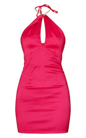 Hot Pink Taffeta Bust Chain Halterneck Dress | PrettyLittleThing USA