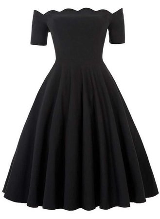 A Line 50’s Style Scalloped Dropped Shoulder Black Party Dress