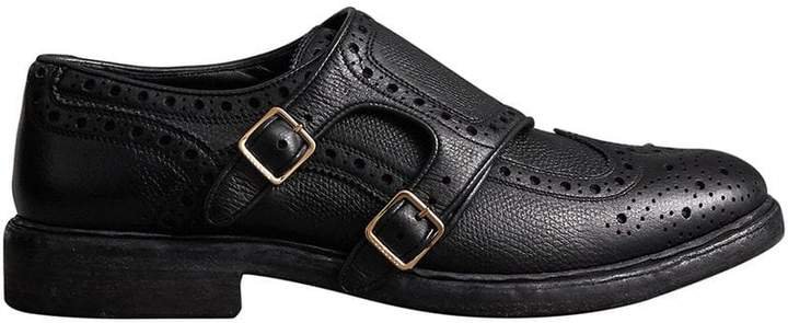 Brogue Detail Textured Leather Monk Shoes