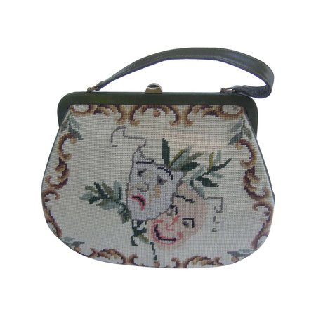 Unique Thespian Needlepoint Comedy and Tragedy Handbag c 1960 For Sale at 1stDibs