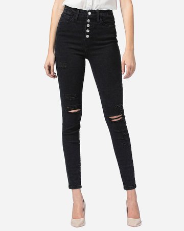 Flying Monkey Black Super High Waisted Ripped Button Fly Skinny Jeans