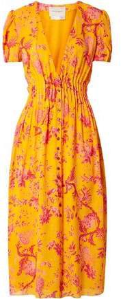 Pintucked Floral-print Silk Crepe De Chine Midi Dress