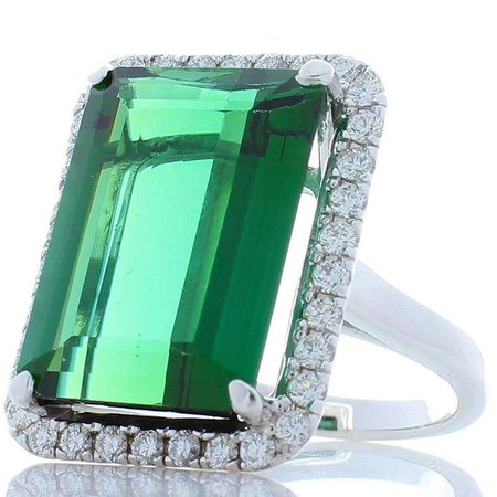 16.30 Carat Emerald Cut Green Tourmaline and Diamond Ring in 18 Karat White Gold at 1stDibs