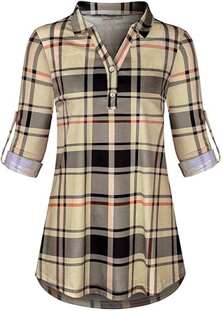 Cestyle Plaid Blouse for Women, Woman Business Casual Clothes Loose Fitting Plaid Long Sleeve Notch V Neck Semi Formal Fall Wear Flattering Tartan Shirts Blue Large at Amazon Women’s Clothing store