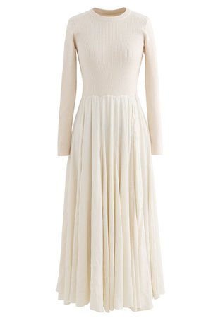 Knit Spliced Long Sleeves Maxi Dress in Cream - Retro, Indie and Unique Fashion