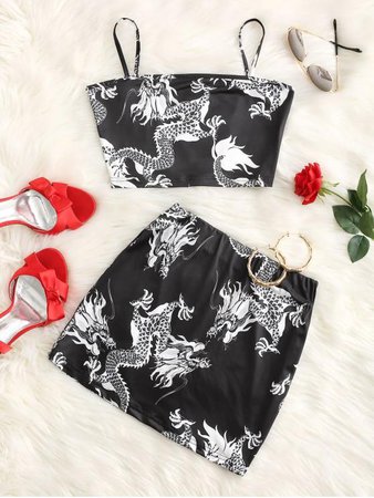 [31% OFF] [POPULAR] 2020 Dragon Print Oriental Mini Skirt Set In BLACK | ZAFUL