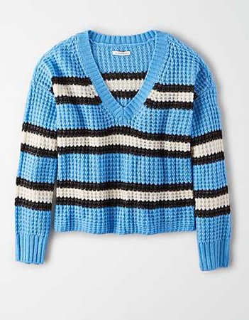 AE Striped Cropped V-Neck Sweater blue