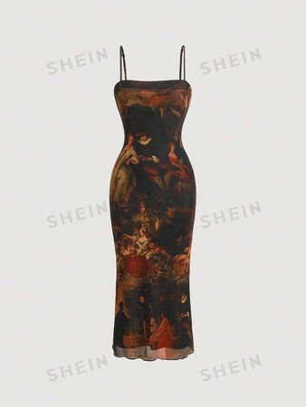 SHEIN MOD Retro Vintage Figure Graphic Lettuce Trim Mesh Cami Dress | SHEIN