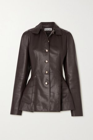 Paneled Leather Peplum Jacket - Brown