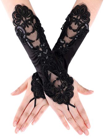 SATINIOR Ladies Lace Gloves Elegant Short Gloves Courtesy Summer Gloves for Wedding Dinner Parties (Black 1) at Amazon Women’s Clothing store