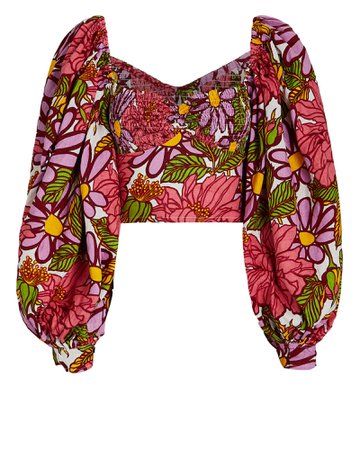 SWF Puff Sleeve Floral Linen Crop Top | INTERMIX®