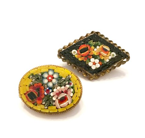 Lot of Two Vintage Floral Mosaic Brooches Diamond Shape Black | Etsy